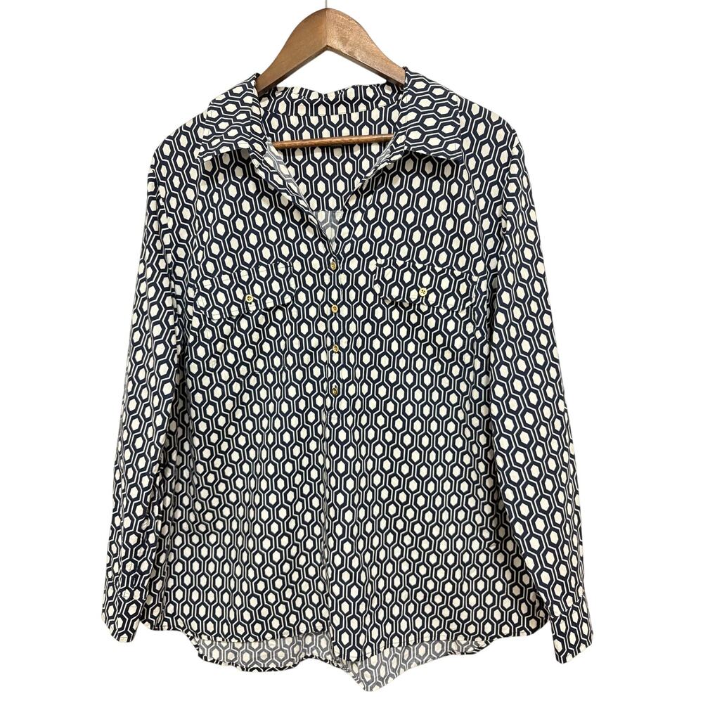 Talbots Woman 1X Navy White Geometric Button Down Shirt Roll Tab Sleeve